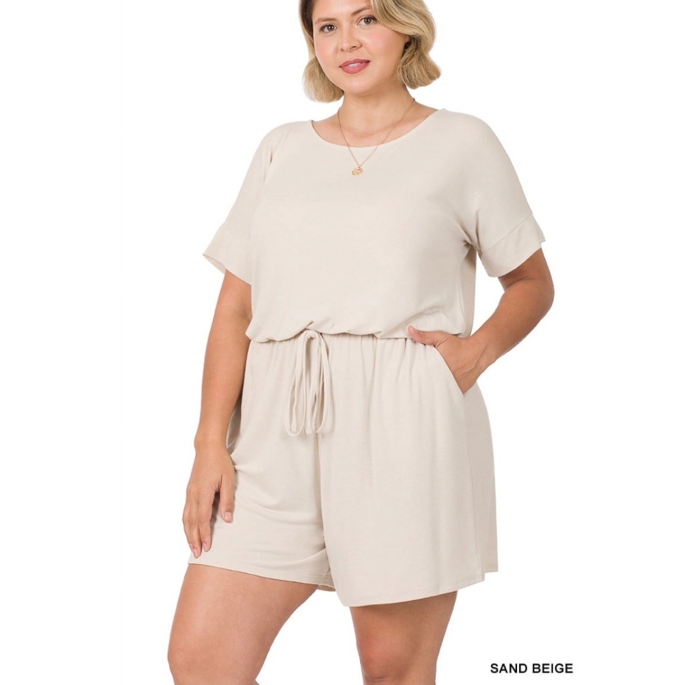 New Zenana Sand Beige Brushed Romper with Pockets Size 2X Short Sleeve